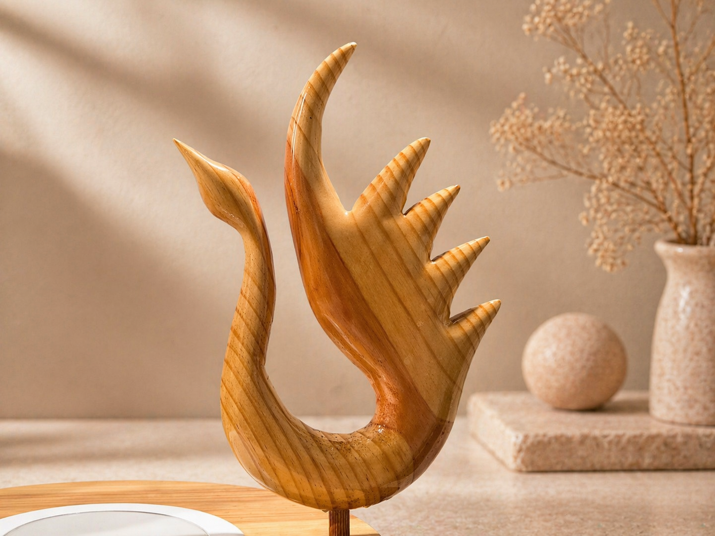 Aurelia Swan Duo Wooden Centerpiece in natural polished wood by UDSS Atelier view 1