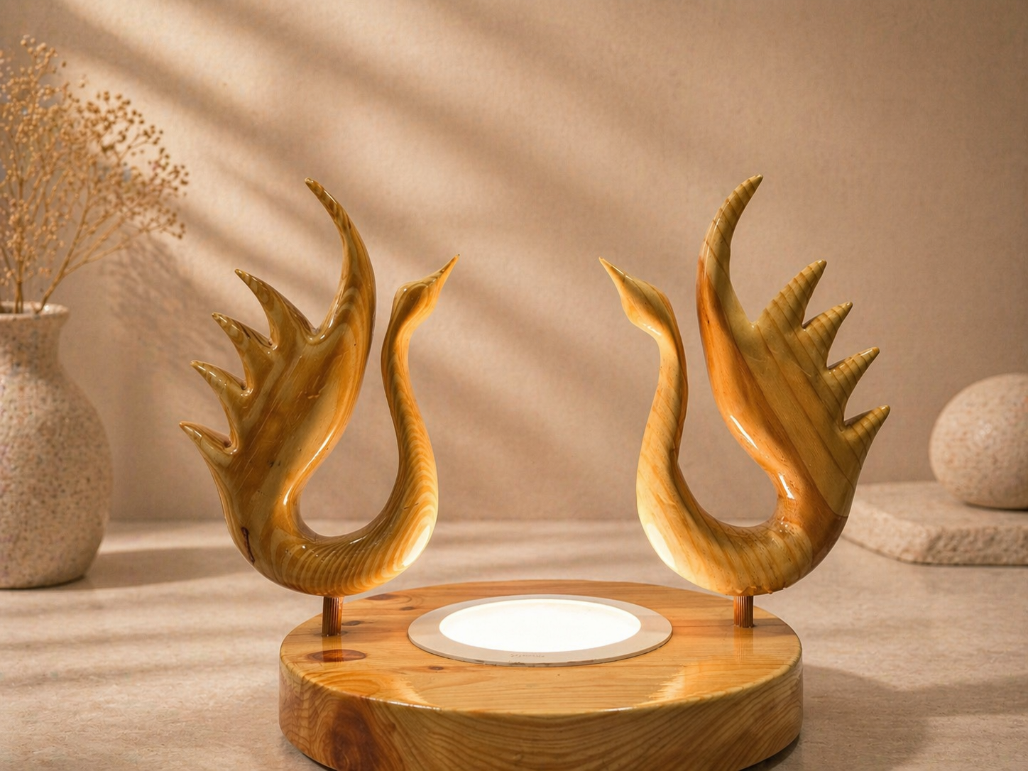 Aurelia Swan Duo Wooden Centerpiece in natural polished wood by UDSS Atelier view 2