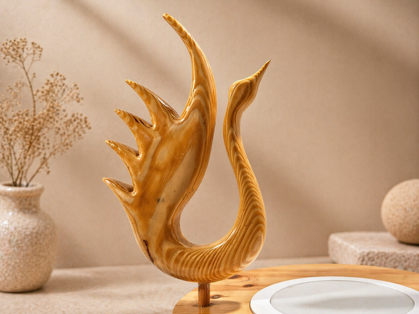 Aurelia Swan Duo Wooden Centerpiece in natural polished wood by UDSS Atelier view 3