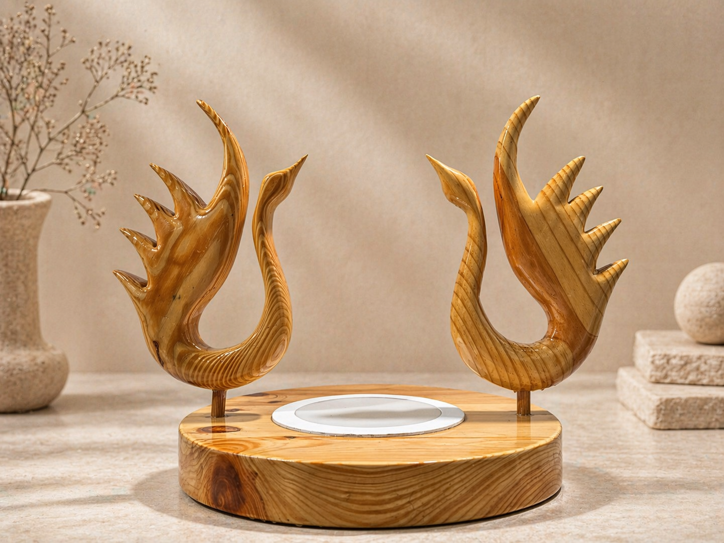 Aurelia Swan Duo Wooden Centerpiece in natural polished wood by UDSS Atelier view 4