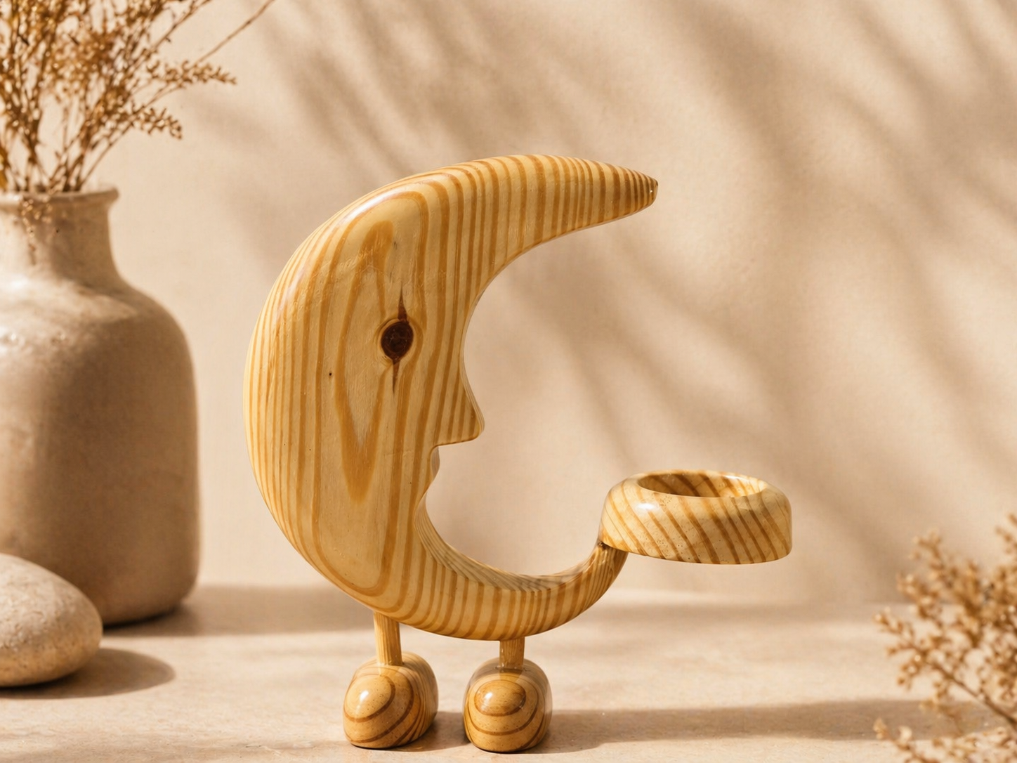 Crescent Ember Wooden Candle Holder in natural polished wood by UDSS Atelier view 1