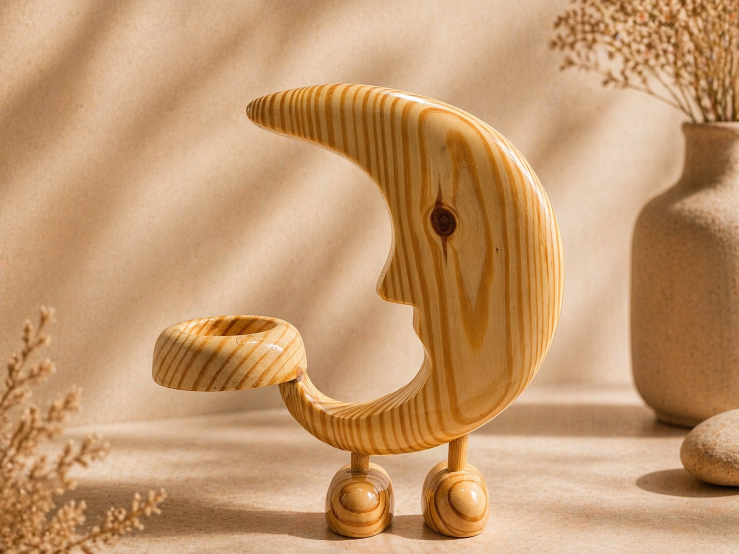 Crescent Ember Wooden Candle Holder in natural polished wood by UDSS Atelier view 3