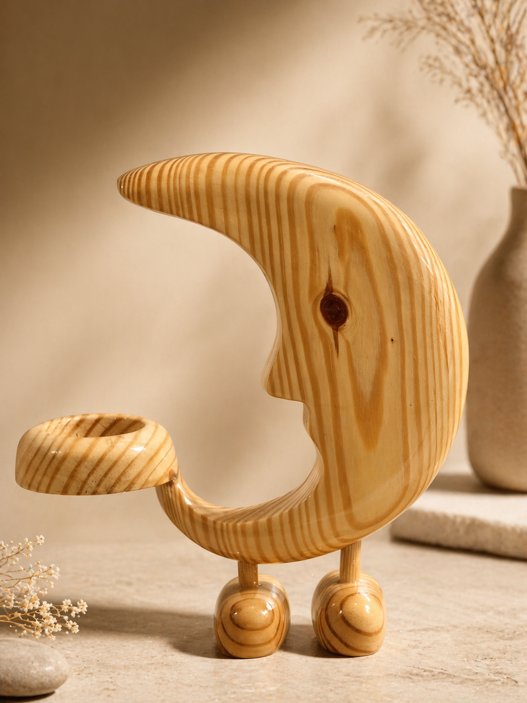 Crescent Ember Wooden Candle Holder in natural polished wood by UDSS Atelier