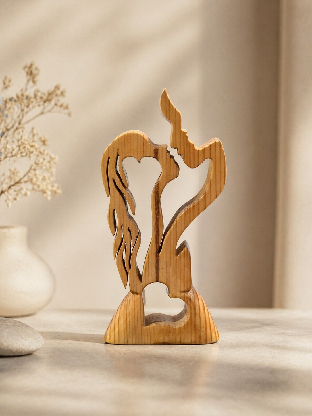 Luna Carve Wooden Table Accent in natural polished wood by UDSS Atelier