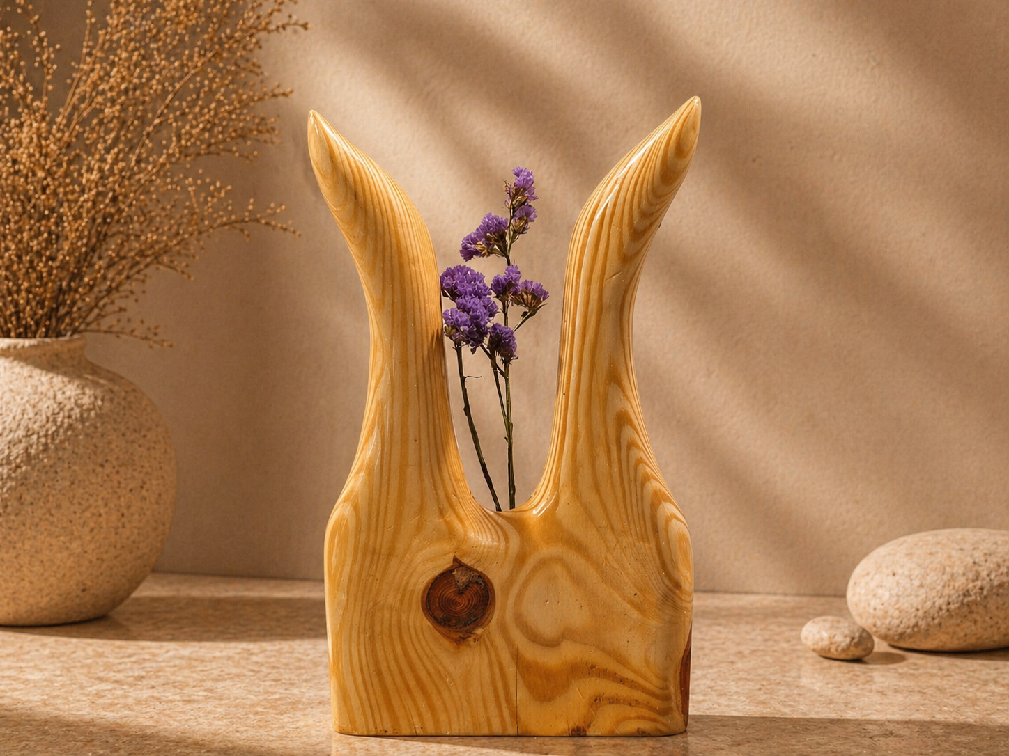 Avira Curve Pine Wooden Flower Vase in pine wood by UDSS Atelier view 1
