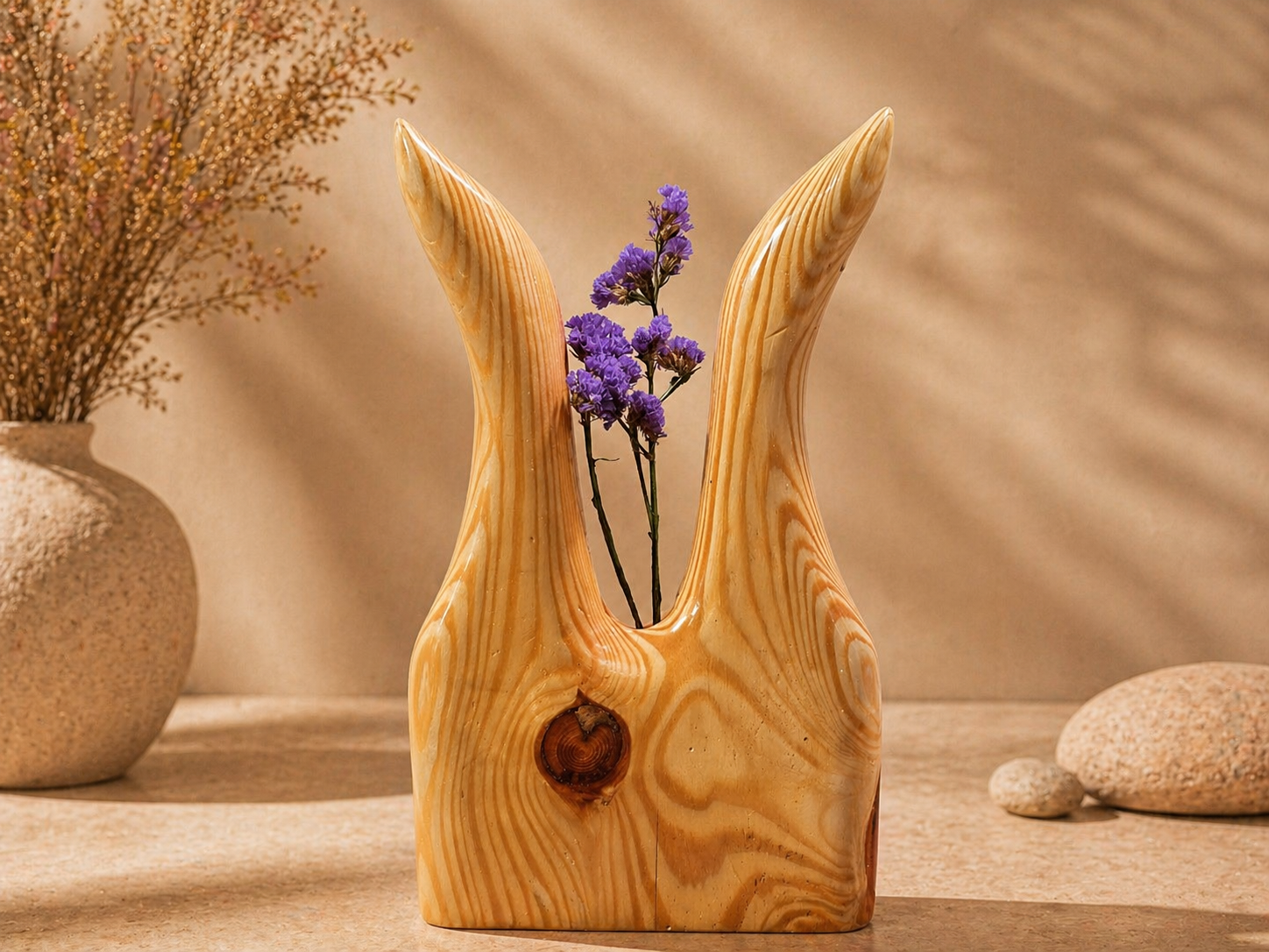 Avira Curve Pine Wooden Flower Vase in pine wood by UDSS Atelier view 2