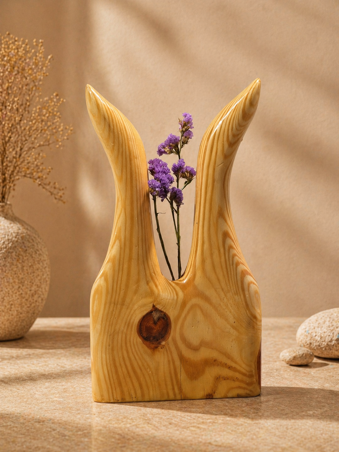 Avira Curve Pine Wooden Flower Vase in pine wood by UDSS Atelier