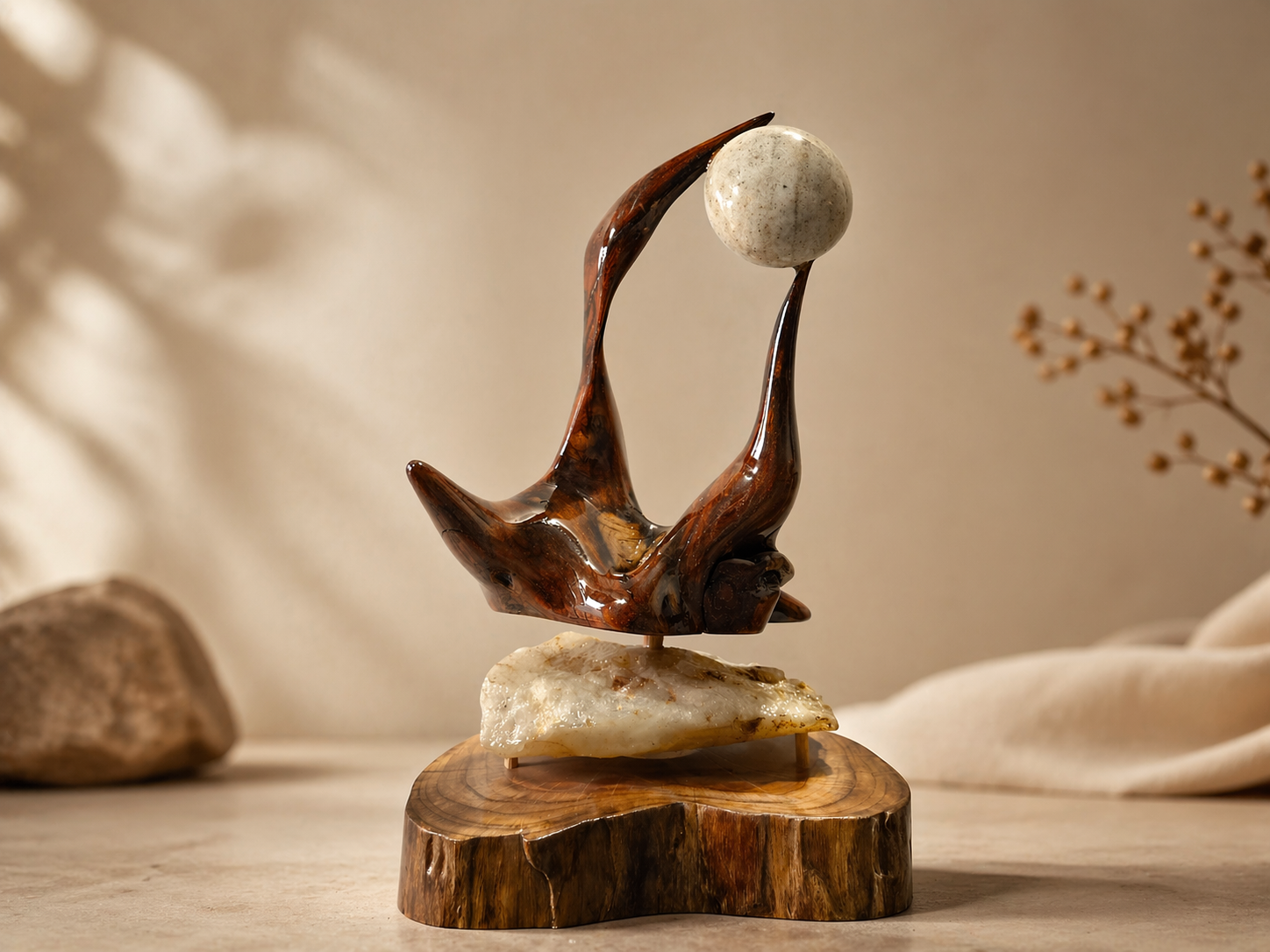Obsidian Wing Statement Wood Sculpture in live-edge natural wood by UDSS Atelier view 3