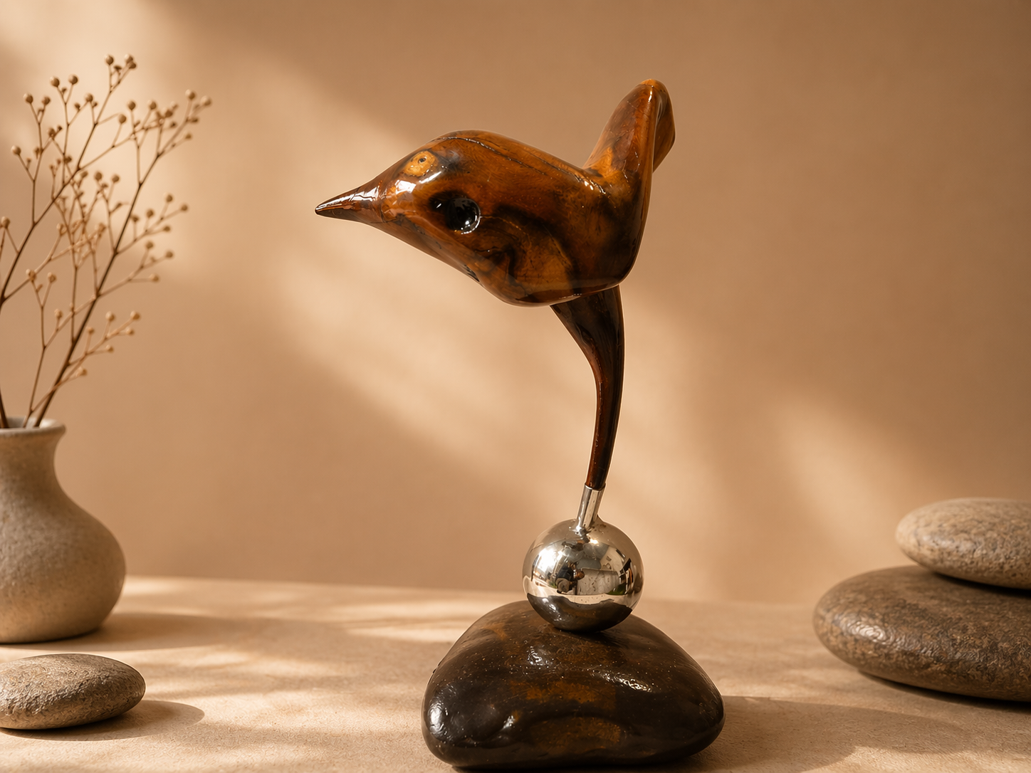 Ember Finch Bird Wood Sculpture in live-edge natural wood by UDSS Atelier view 1