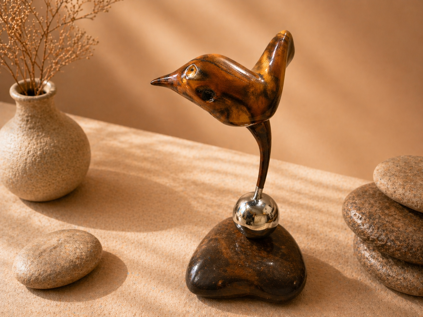 Ember Finch Bird Wood Sculpture in live-edge natural wood by UDSS Atelier view 2