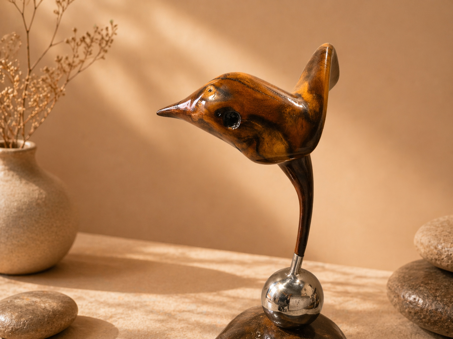 Ember Finch Bird Wood Sculpture in live-edge natural wood by UDSS Atelier view 4