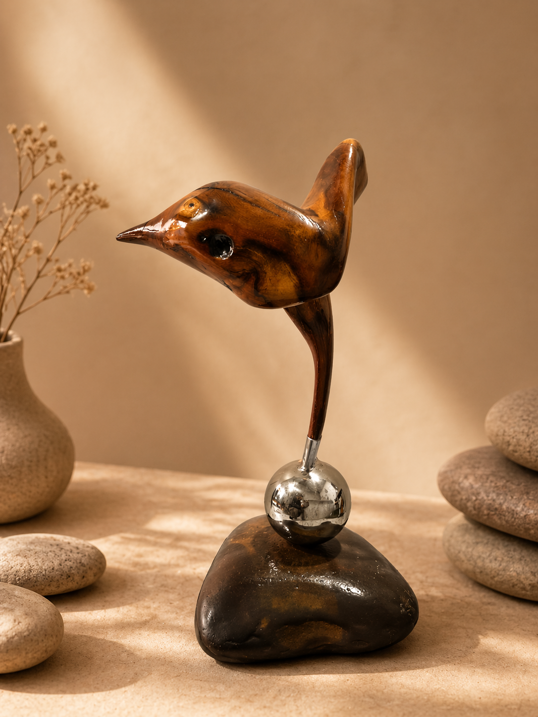 Ember Finch Bird Wood Sculpture in live-edge natural wood by UDSS Atelier