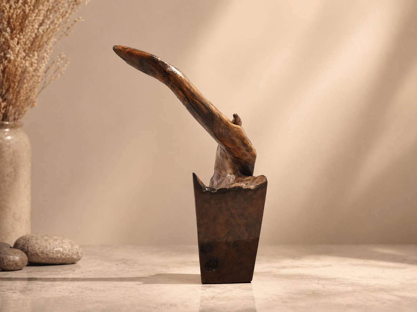 Horizon Reach Abstract Wood Sculpture in live-edge natural wood by UDSS Atelier view 1