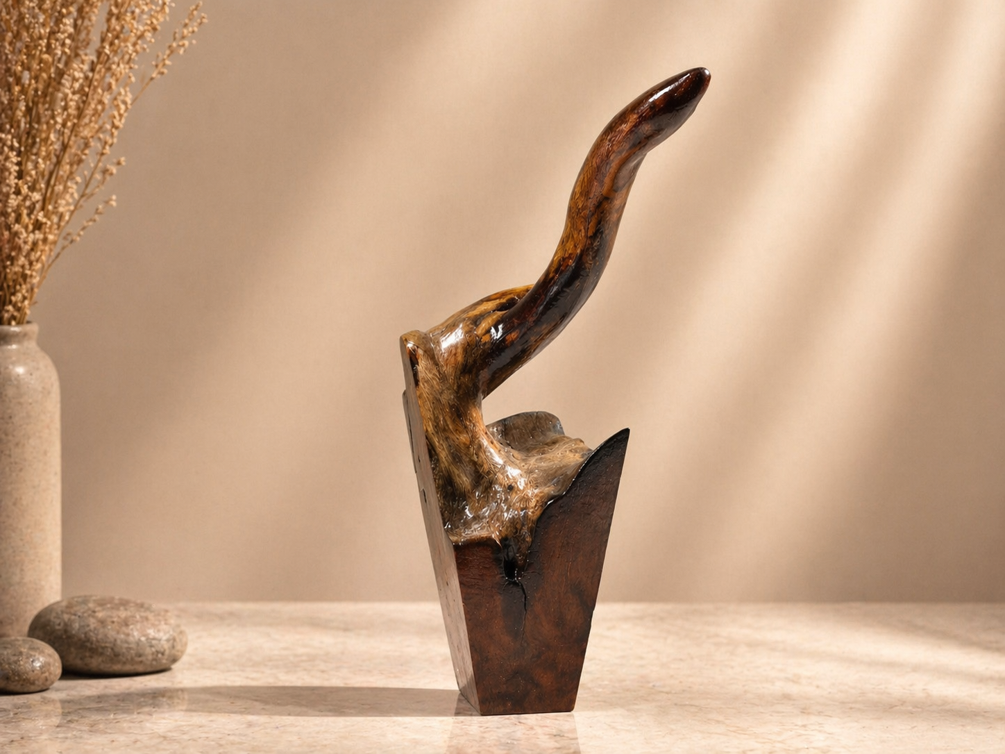 Horizon Reach Abstract Wood Sculpture in live-edge natural wood by UDSS Atelier view 2